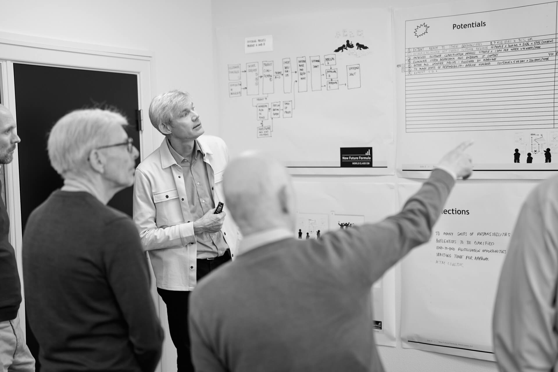 Deltagere analyserer arbejdsgange og forbedringsmuligheder under workshop hos New Future Formula